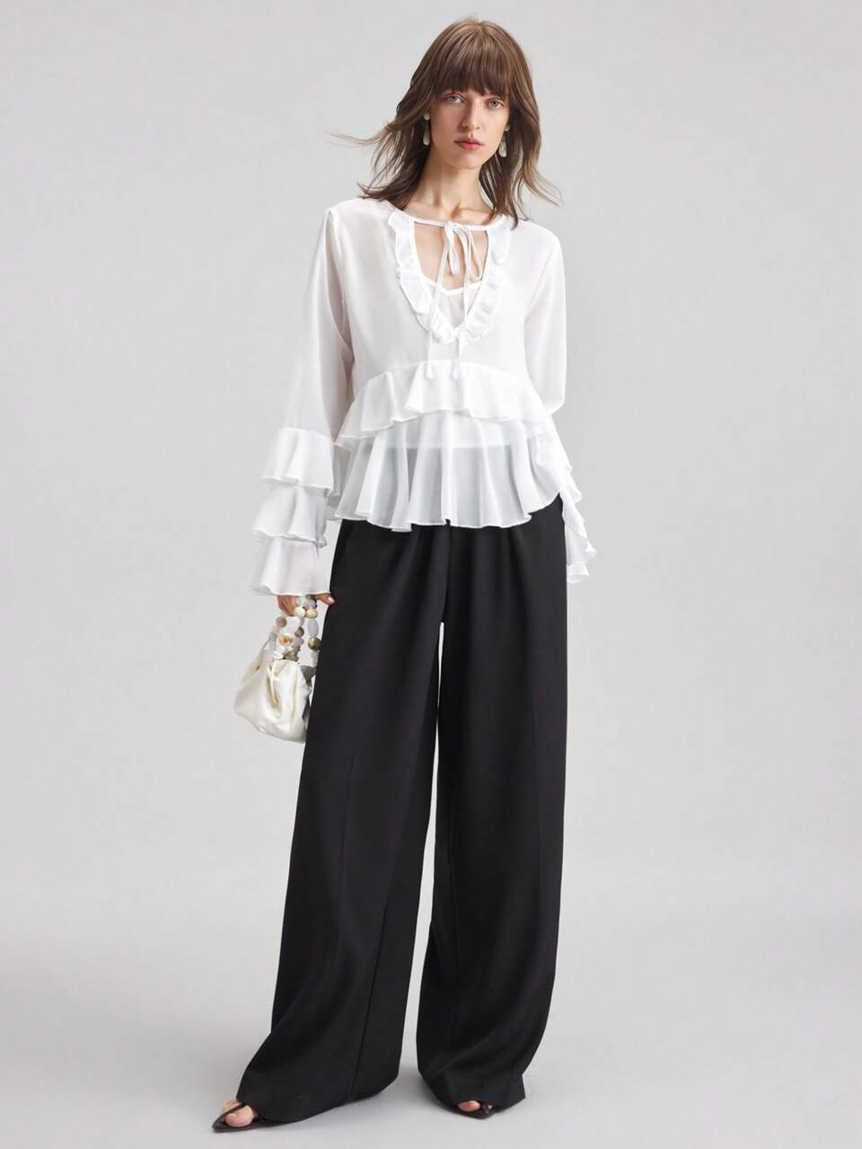 2in1 Women's Elegant Flare Sleeve Shirt & Camisole Outfit,Tea Party,White And Black,Autumn,Suitable For Independence Day,Vacation,Beach,Birthday Party