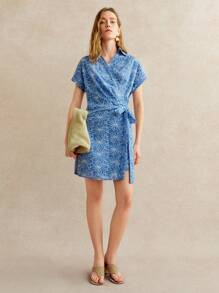 Écloséra Vestido feminino estilo francês retrô casual férias viagem azul bordado manga curta vazado - Azul - Ver 1