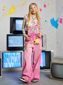 Nick 90's X ROMWE Cartoon Pattern Cute Pink Denim Jumpsuit - Pink - View 6