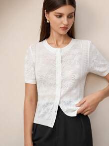 BizChic 2025 Spring/Summer New Arrival Women's Round Neck Casual/Work Jacquard Button Placket Knitted Cardigan - White - View 4