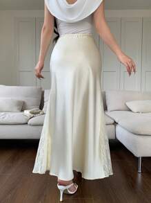 Modelyn 时尚简约缎面拼接女式半身裙 - 杏色 - 查看 7