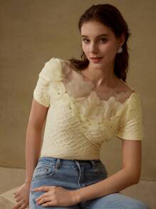 MOTF PREMIUM 女士优雅修身花卉贴花T恤 - 黃色 - 查看 5