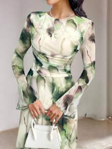 Veilorie Vestido con mangas abullonadas de estampado de tie-dye elegante para mujer