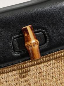 SHECARRY 竹制纽扣撞色拼接手提包