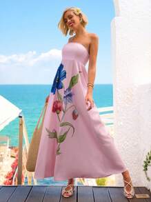 Vivid Eden Women's Summer Pink Floral Tropical Strapless Maxi Dress,Elegant Garden Party Vacation Holiday,Hawaii Beach Outfits,Tea Party Birthday Dress - Multicolor - View 6