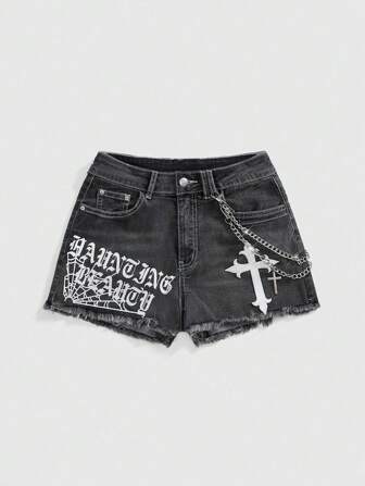 Grunge Punk Retro Street-Style Washed Gothic Cross Chain Print Women Low Waist Denim Shorts