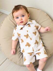 SHEIN 2pcs/Set,New Baby Spring/Summer Casual Style ,Bear Partern Printing Top&Bear Partern Printing Short Pants