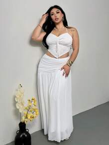 Firerie 女士优雅简约雪纺飘逸不对称拉链荷叶边 A 字长款休闲裙，适合海滩、度假、日常通勤、夏季 - 白色 - 查看 3