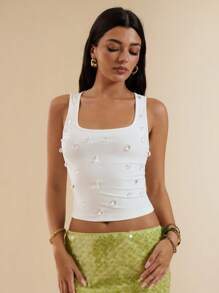 SHEIN BAE Women's Summer Island Holiday Italian Style Rhinestone Decor Square Neck Fitted Tank Top/Holiday White Tank Top - White - View 5