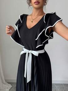 Elenzga Váy nữ thanh lịch lãng mạn cổ chữ V thắt eo xếp ly chữ A thanh lịch - Đen và trắng - Xem 3