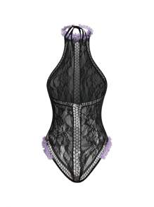 Fantasy Costume Women Floral Lace Hollow Out Halter Sexy Lingerie Set - Black - View 4