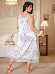 CottageSlumber CottageSlumber Romantic Lace Patchwork Faux Silk Printed Plus Size Nightgown, Moo Moo Sleep Dress