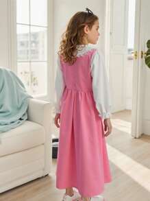 Tween Girl Ruffle Collar 2 In 1 Pleated Bowknot Long Dress Fall Winter - Pink - View 7