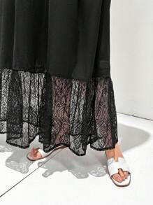 SHEIN Essnce 大码女装春夏时尚休闲宽松舒适修身蕾丝拼接黑色无袖长裙，女士夏季服装，女士度假服装，女士早午餐服装，欧洲夏季服装，伊比沙岛服装，女士邮轮服装，波西米亚风，海滩度假 - 黑色 - 查看 5
