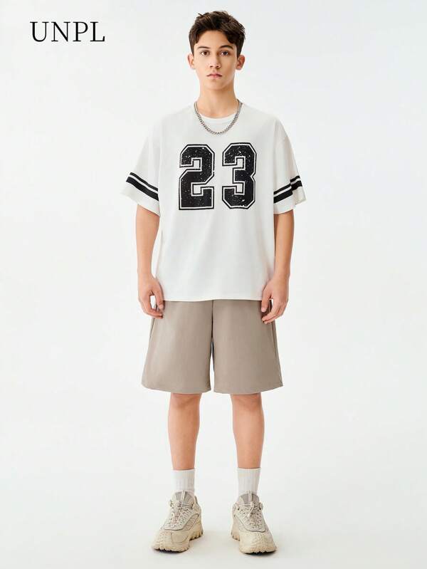 SHEIN 2pcs/Set Teenager Boys High Street Stylish American T-Shirt With Letter Print & Relaxed Fit Shorts, Suitable For Summer Sports, Streetwear, Outdoor, Basketball, Fitness, Casual Gathering