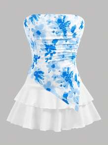 Girlism 女童花卉印花紧身胸衣短款上衣，带褶边和多层可爱迷你裙，两件套 - 淺藍色 - 查看 4