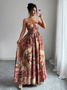 Selianne Western Music Festival Tube Top Waisted A-Line Dress, Holiday Elegant Romantic Dress For Women - Multicolor - View 3