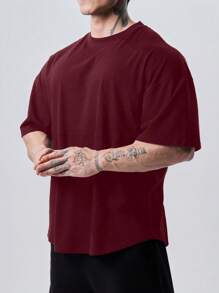 GymBeat Men's Solid Color Round Neck Short Sleeve Sports T-Shirt, Fashionable For Summer Workout Tops Gym Top Christmas Breathable - Burgundy - View 3