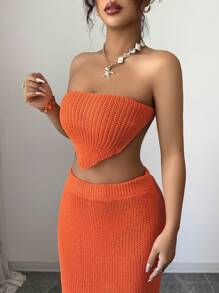 SHEIN Clasi 2pcs/Set Solid Color Knitted Asymmetrical Hem Cropped Top & Orange Skirt Sweater Set - Orange - View 3