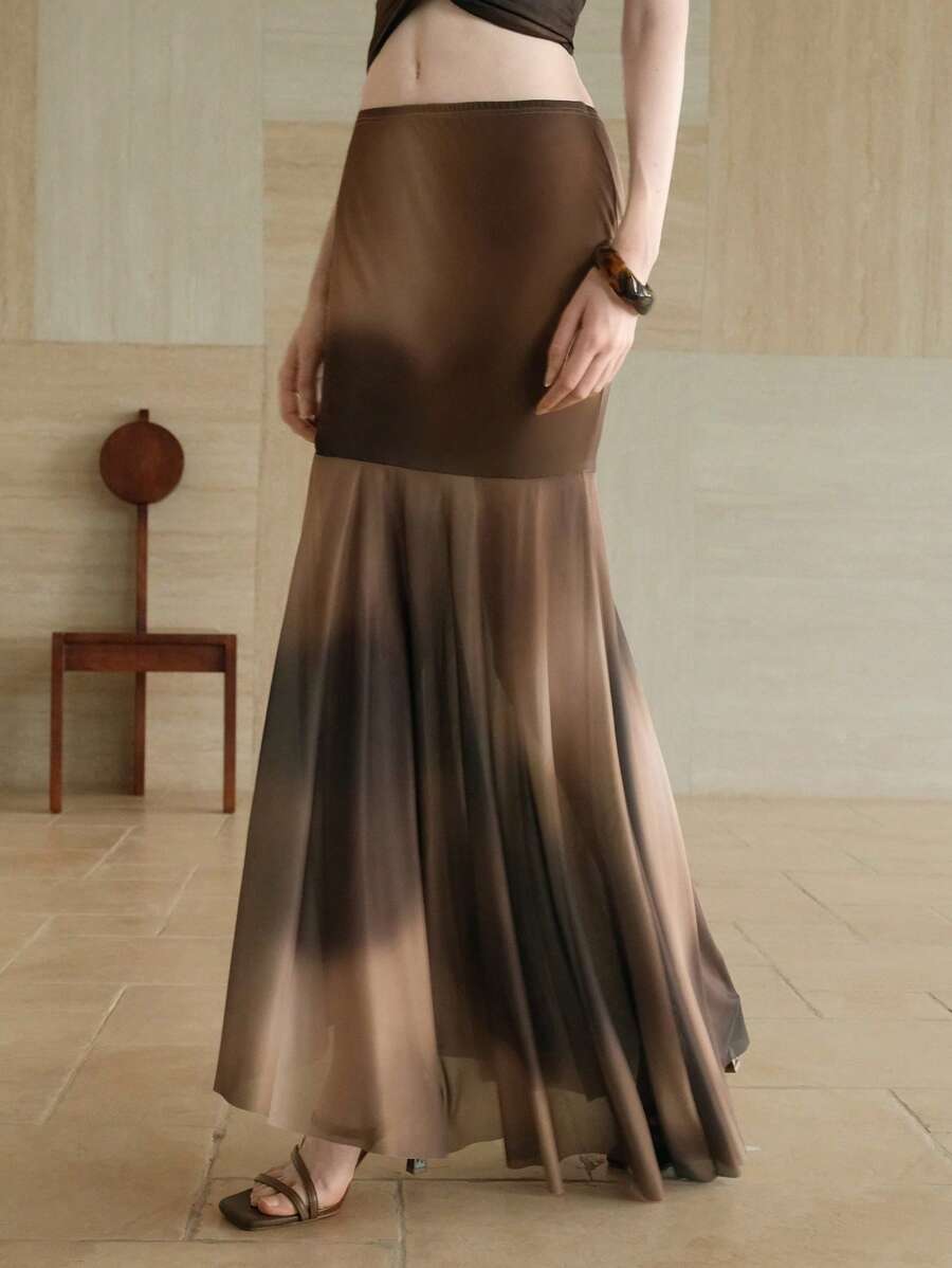 Aveloria Women's Asymmetric Hem Tie-Dye Gradient Digital Print Earth Tone Mesh See-Through Layered Skirt Style Club Halloween Y2k Club Sexy - Coffee Brown - View 1