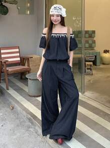 DAZY Women Denim Two Pieces Outfits,Off Shoulder Top - Blue - View 6