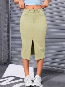 SHEIN Minifalda de mezclilla casual con bolsillos y abertura hasta el muslo de color liso, primavera/verano - verde menta - Ver 5
