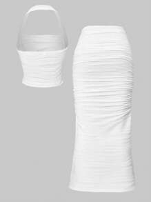 Conjunto elegante y cómodo de 2 piezas para adolescentes, top corto sin tirantes y falda envolvente, adecuado para fiestas, vacaciones, conjunto de falda blanca para verano y días festivos