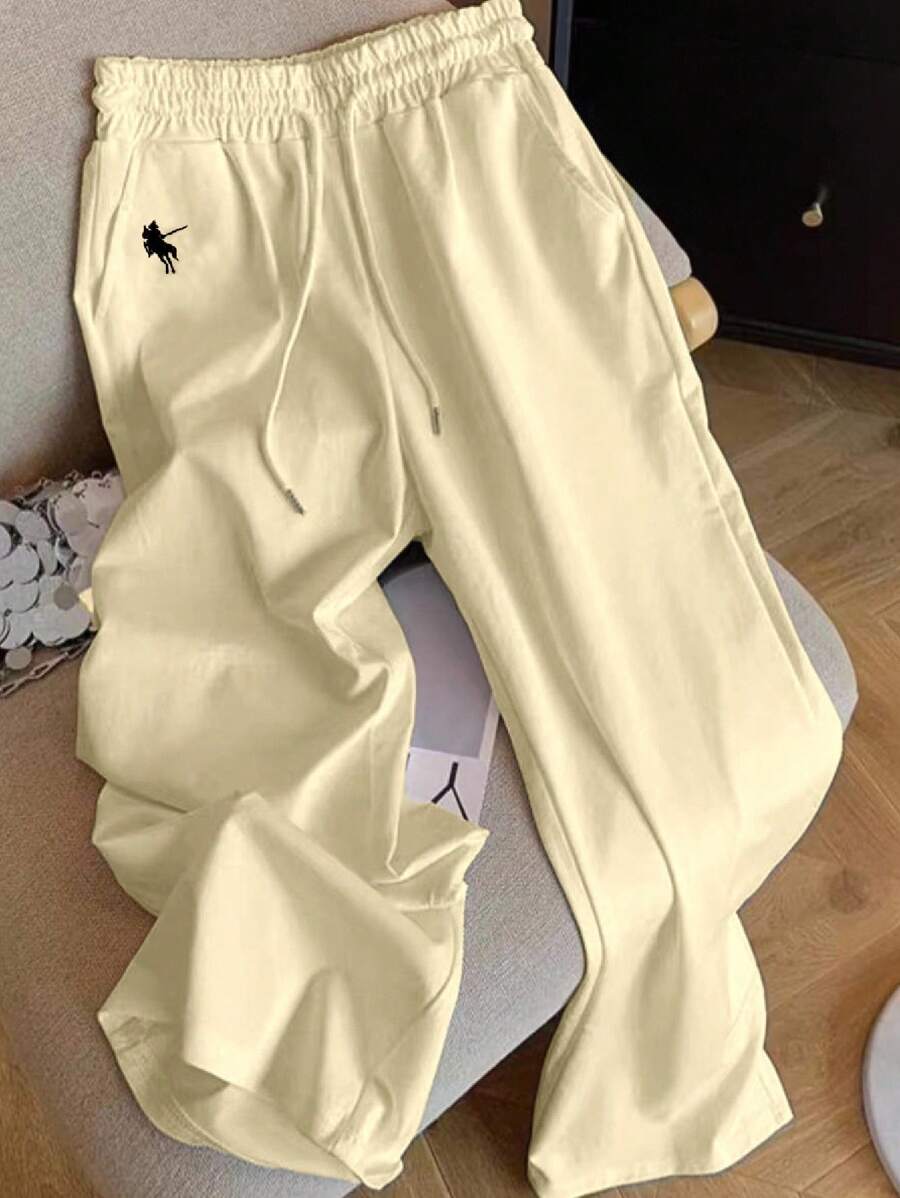 SHEIN 全新休闲马匹刺绣百搭纯色直筒裤女士 - 杏色 - 查看 1