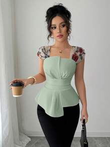 Elenzga 女式束腰不对称刺绣蕾丝拼接衬衫，荷叶边上衣 - 綠色 - 查看 4