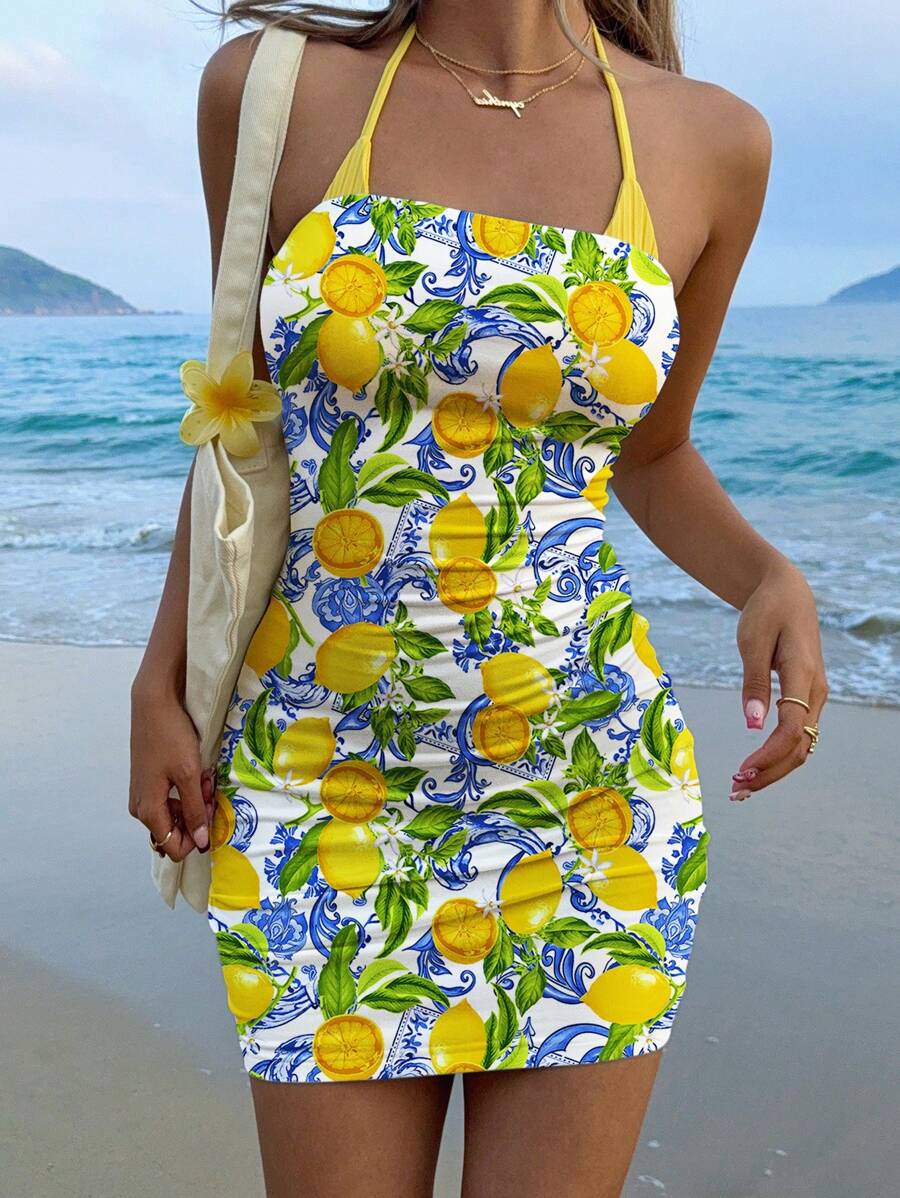 SHEIN SXY Vestido mini ajustado de verano para mujer, de estilo casual y sexy, con estampado minimalista tropical de limones, para usar como vestido o cubrecostado en la isla o en la playa