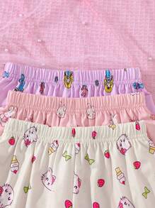 SHEIN Dozemod Kids Young Girl 6pcs Set Cute Cartoon Rabbit, Cat, Mermaid Print Ruffled Round Neck Short Sleeve Shorts Knit Loose Pajamas For Summer - Multicolor - View 3