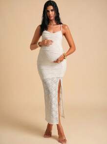 MaterniChic Maternity Dress Maternity Lace Patchwork High Slit Sleeveless Dress - Apricot - View 4