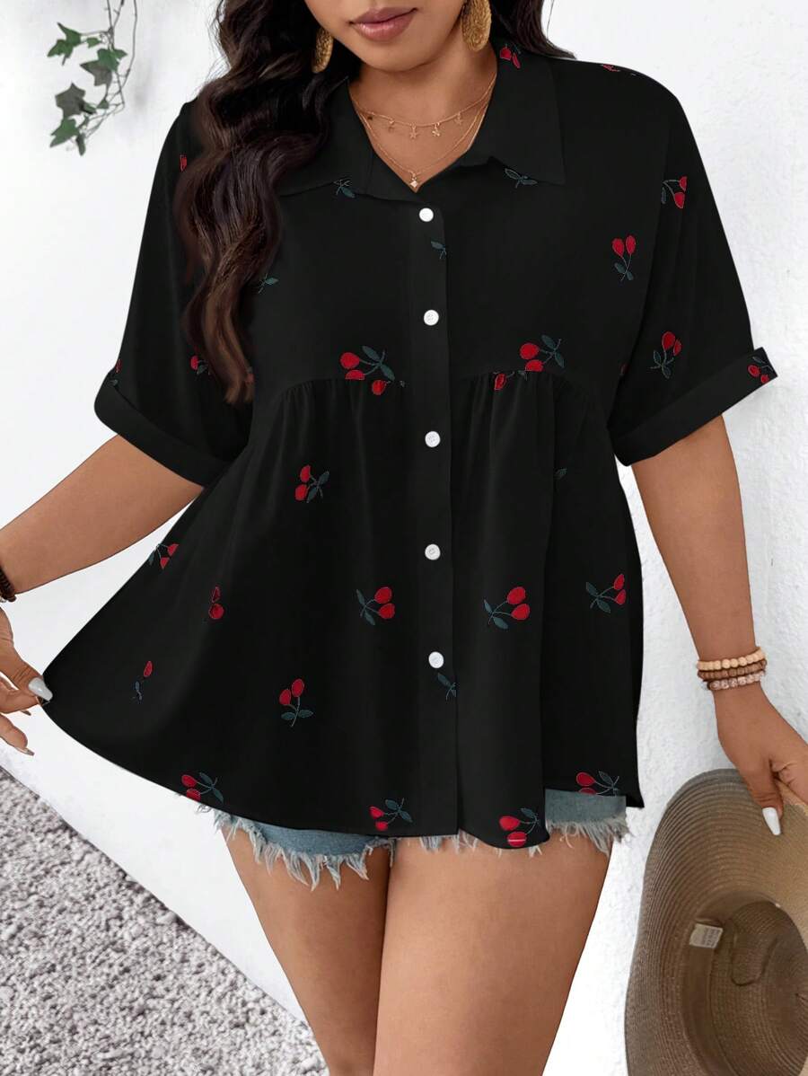 SHEIN Frenchy 女士加大码前开设计纹理面料舒适休闲短袖衬衫,适合春夏季女士春季上衣夏季女士上衣优雅女士连衣裙 - 黑色 - 查看 1