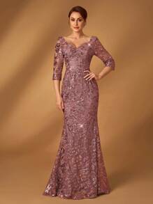 Serin 优雅奢华串珠网眼蕾丝刺绣 V 领中袖鱼尾连衣裙，适合正式派对、约会、度假、婚礼、新娘母亲仪式