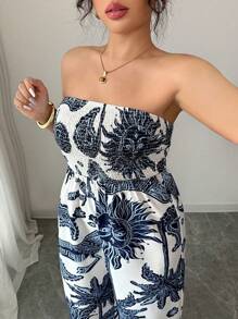 Elenzga 女式印花抹胸连体衣，收腰阔腿，优雅度假、工作、日常穿着