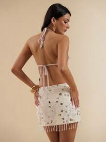 SHEIN BAE Women's Sexy Backless Sequined Camisole, Suitable For Beach Vacation, Champagne Color Sequin Embroidered Sleeveless Tank Top - Apricot - View 2