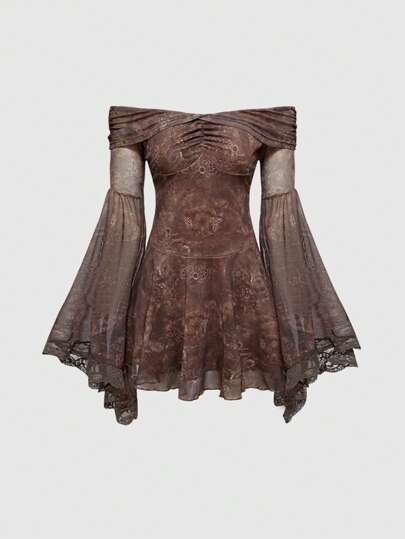 Goth فستان نسائي نحيل مع ديكور عقدة رقبة V، بطبعات زهور صغيرة متضادة، قابل للارتداء بطرق مختلفة، بتصميم رجعي هيبي