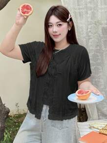 Dazy Plus Plus Size Summer Casual Solid Color Lace Trim T-Shirt