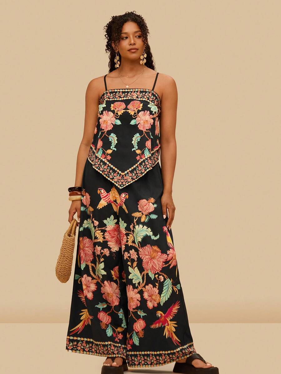 Travachic 大码女式热带夏季波西米亚图案印花背心和裤子两件套 - 黑色 - 查看 1