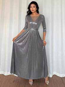 Strévra Women V-Neck Waist Cinched Long Dress