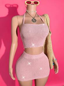 Slaydiva Bộ đồ mùa hè mới, thích hợp cho kỳ nghỉ thư giãn, hẹn hò hàng ngày, tiệc sinh nhật, kỳ nghỉ gợi cảm, đi biển, áo len ngắn cổ yếm + áo ôm sát màu hồng nhạt bóng bẩy, bộ đồ hai mảnh cho nữ, trang phục mùa hè 2 mảnh, Rave. - Hồng - Xem 5