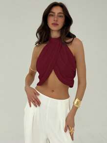 Aloruh Chiffon Urlaubs-Freizeitmode Kreuzausschnitt Rüschenrücken Knopf-Elegantes, sexy Damen Hemd - Bordeaux - Übersicht 4