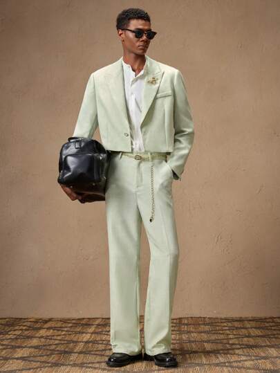 AKNOTIC 两件套男士时尚梭织修身绿色西装套装，配水钻胸针和金属腰带，适合商务休闲、夏季、度假、婚礼、派对、毕业礼物、学生装、薄荷绿西装、男士度假装、青柠绿西装