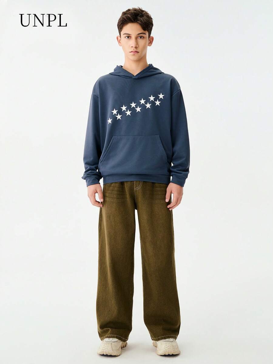 SHEIN Teens Oversized Pattern Print Hoodie Sweatshirt And Relaxed Washed Long Pants Set - Multicolor - View 1