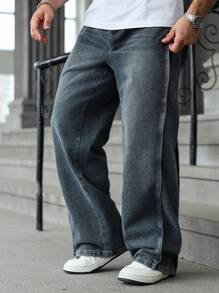 Manfinity Hypemode Men's Plus Size Denim Jeans Casual Modern Fit Grey Wash Long Leg Zipper Fly Loose Wide Leg Denim Pants For Everyday Wear