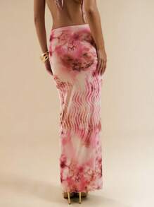 SHEIN BAE 女士长款花卉动物印花半身裙，3D 花朵装饰，夏季时尚，适合浪漫约会、与朋友聚会、度假、优雅日常穿着、海滩、俱乐部、伊比沙岛 - 粉色 - 查看 2