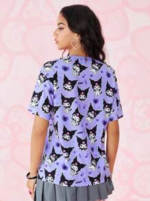 HELLO KITTY AND FRIENDS | SHEIN Áo thun nữ tay ngắn in họa tiết cổ tròn cỡ lớn dễ thương, thoải mái, dễ thương, mặc khi trở lại trường vào mùa hè, 2 chiếc - Màu tím - Xem 2