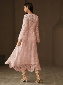 Anewsta 女士纯色 V 领牛奶丝镂空花卉喇叭袖 A 字腰连衣裙，优雅适合约会、度假、婚礼宾客、春夏季 - 粉色 - 查看 6