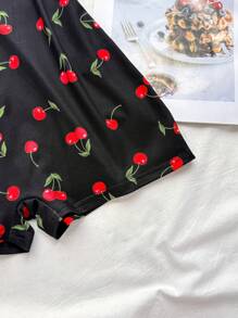 SHEIN 少女夏季黑色针织樱桃印花吊带露背紧身Y2K休闲可爱甜美樱桃露背连体裤 - 黑色 - 查看 5