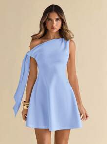 SHEIN BAE Women's Asymmetric Shoulder Tie Waist Black Bodycon A-Line Peplum Skirt, Elegant Blue,Valentine's Day,Valentine Outfits For Women